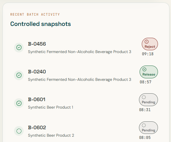 Halocline controlled snapshots list: four batches with Reject, Release and Pending disposition chips and timestamps