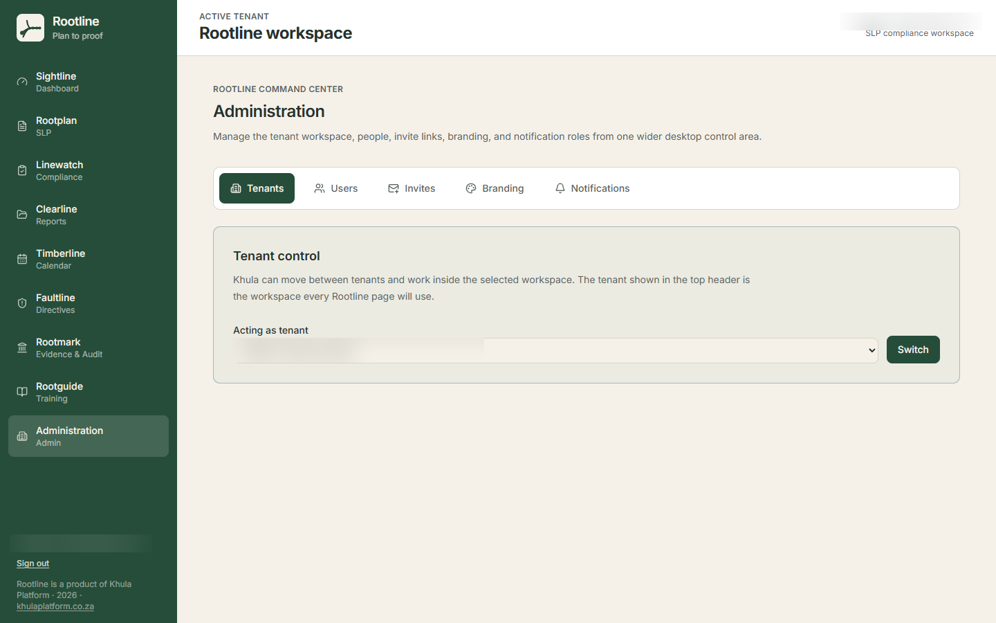 Rootline Administration screen on the Tenants tab, showing a tenant-control panel with an Acting as tenant selector and a Switch button; the tenant name in the selector is deliberately blurred for confidentiality.