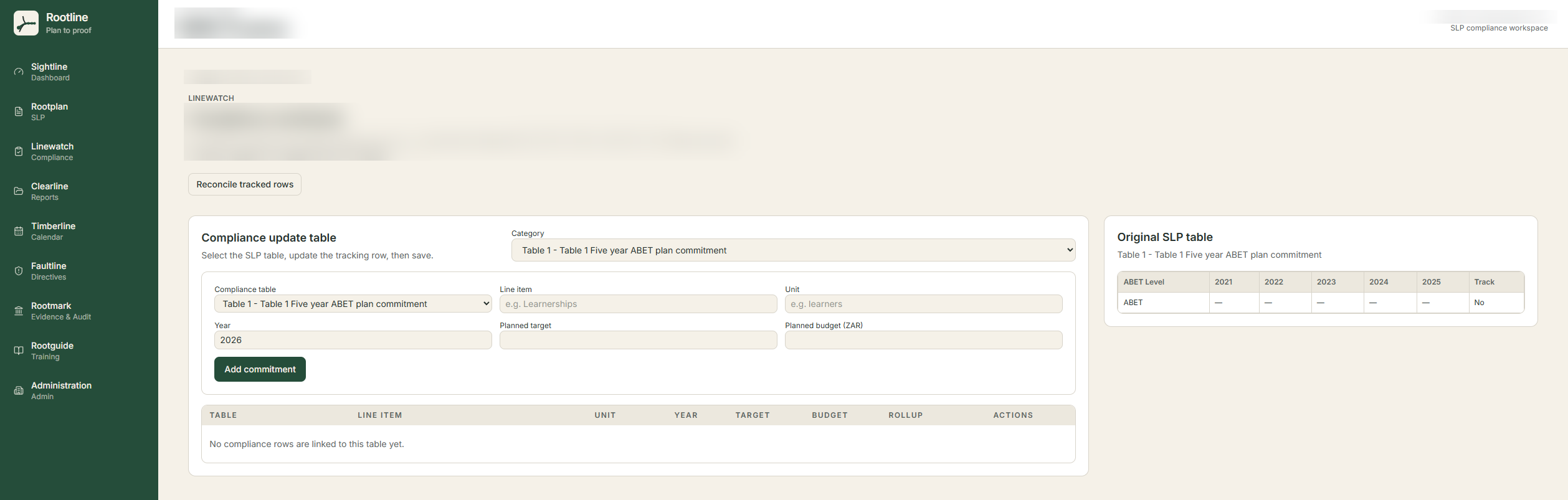 Rootline Linewatch compliance-tracking screen showing the compliance update table, tracked SLP table selector, and the original SLP table for comparison; tenant-identifying details are blurred for confidentiality.