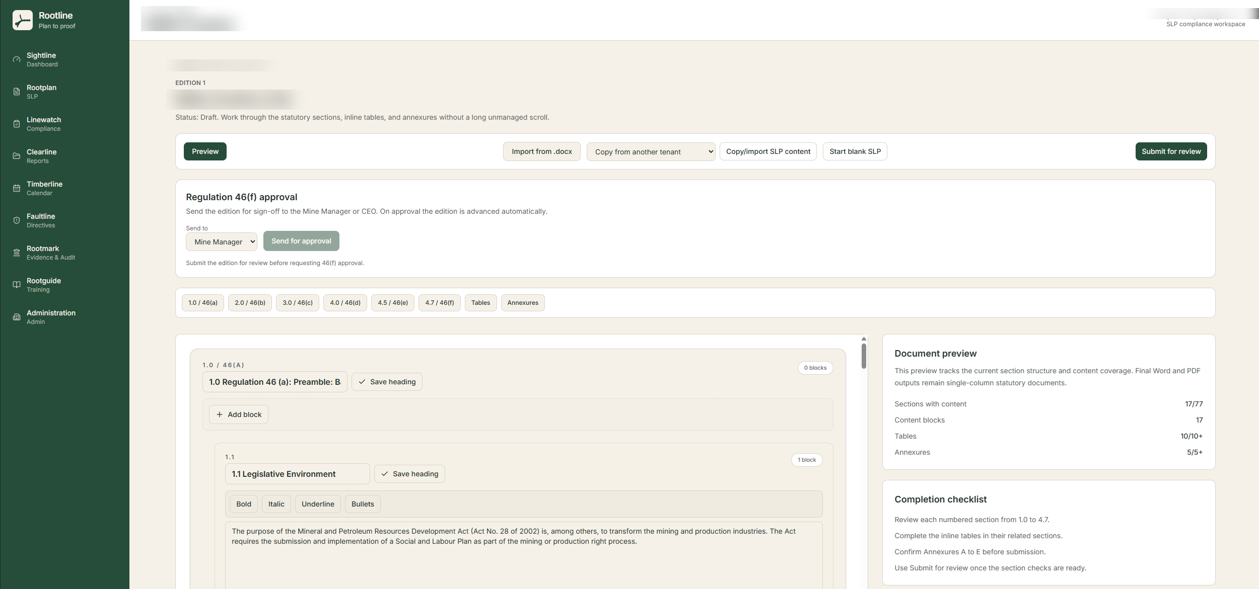 Rootline Rootplan SLP authoring screen showing the Regulation 46 section editor, block-based content tools, and a live document preview panel; tenant-identifying details are blurred for confidentiality.